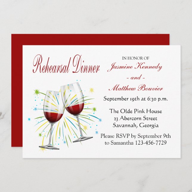 Red Burgundy Wedding Rehearsal Dinner Wine Glasses Invitation (Front/Back)