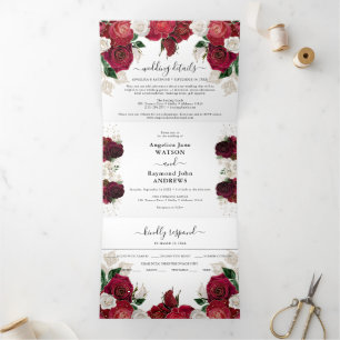 Red Burgundy & White Floral Elegant Wedding Tri-Fold Invitation