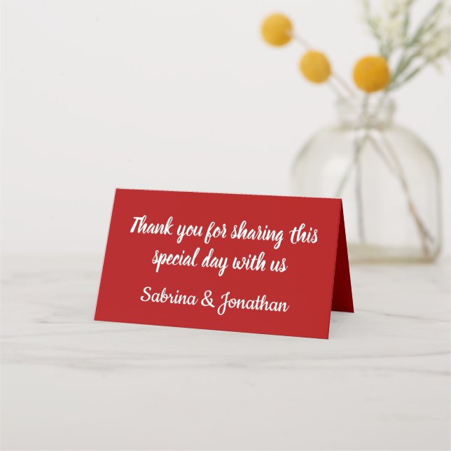 Red Burgundy & White Thank You Wedding Place Card (Front)