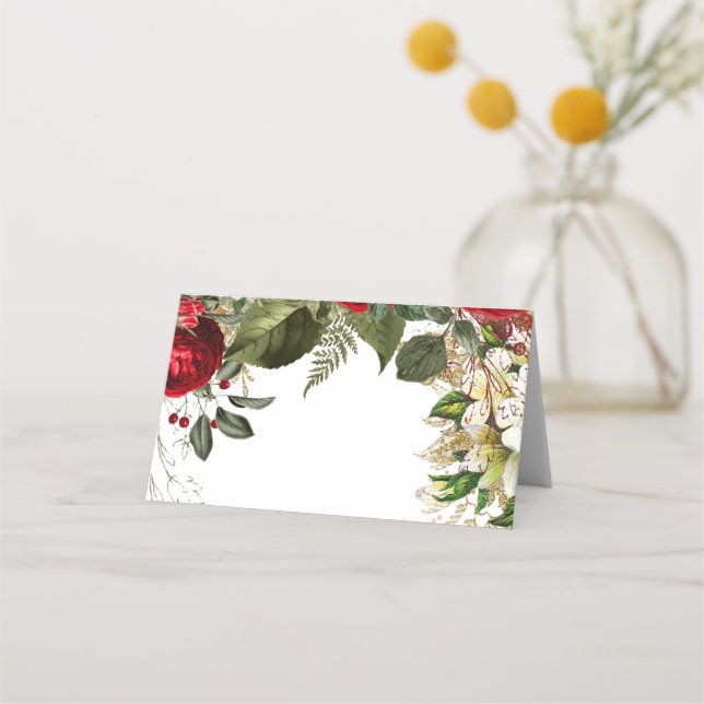 red burgundy winter floral wedding placecard (Front)