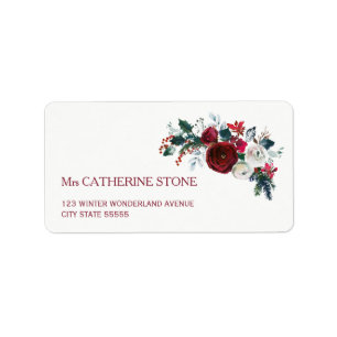 Red burgundy winter peony flowers elegant address label