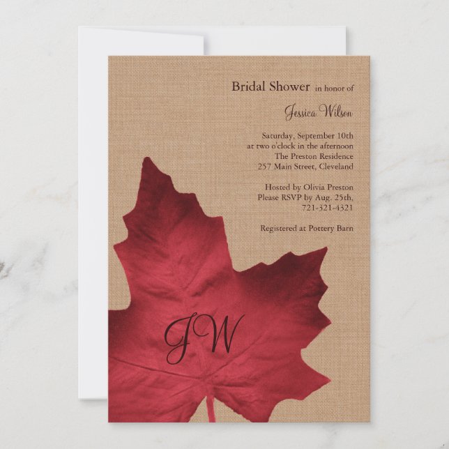 Red Burlap Monogramme Invitation à la douche nupti (Devant)
