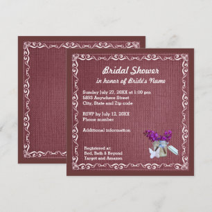 Red Burlap, Purple Flowers, Jar Bridal Shower Inv Invitation