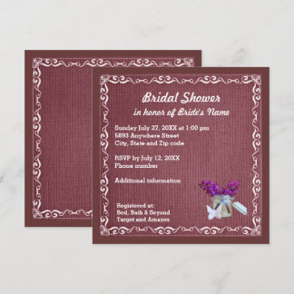 Red Burlap, Purple Flowers, Jar Bridal Shower Inv Invitation