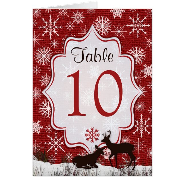 Red Burlap, Snowflakes, Deer Table Number Card (Front)