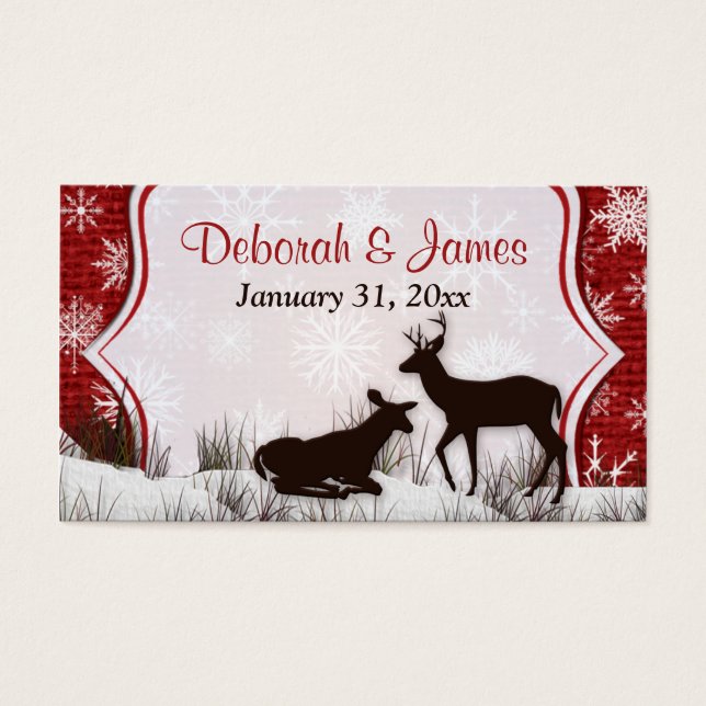 Red Burlap, Snowflakes, Deer Wedding Favour Tag (Front)