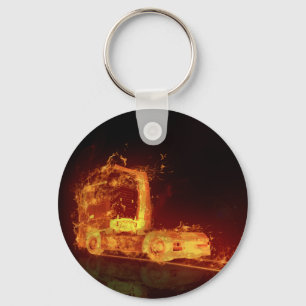 Red Burning Truck in Fire Flames Keychain