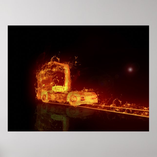 Red Burning Truck in Fire Flames Poster (Front)