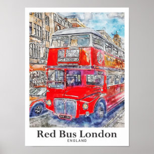 Red Bus London England Art Watercolor Hand Drawn Poster