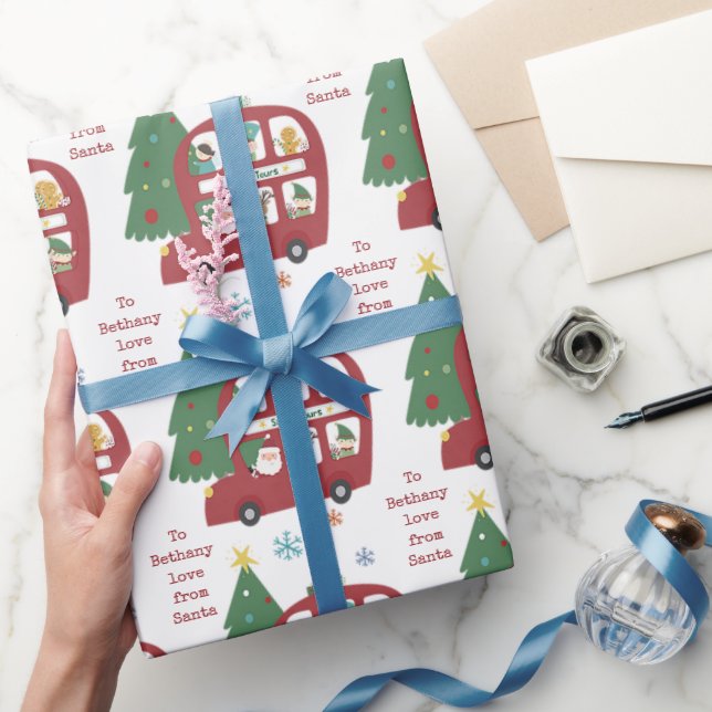 Red Bus Tree Child Name Love Santa Christmas Wrapping Paper (Gifting)