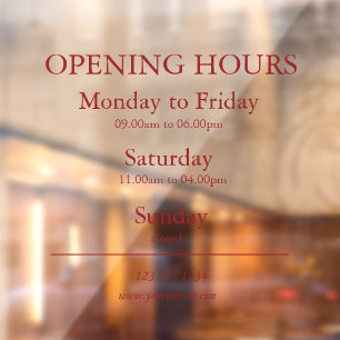 Red Business Opening Hours Sign Window Cling