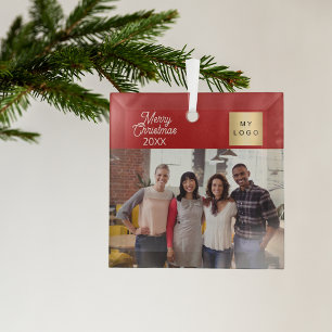 Red Business photo logo Christmas Glass Ornament