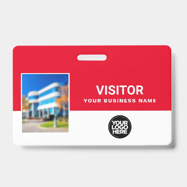 Red Business Visitor Photo Bar Code, Logo Lanyard Badge (Front)
