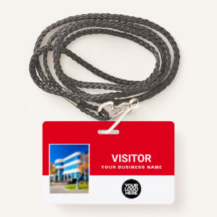 Red Business Visitor Photo Bar Code, Logo Lanyard Badge