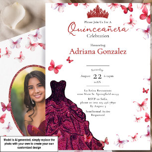 Red Butterflies Dress Photo 15 XV Quinceanera Invitation