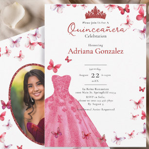 Red Butterflies Dress Photo 15 XV Quinceanera Invitation