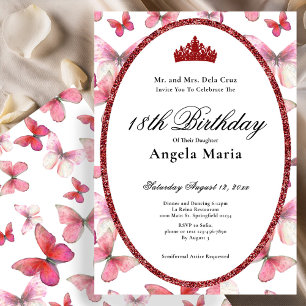 Red Butterflies Glam 18th Birthday Debut Invitation