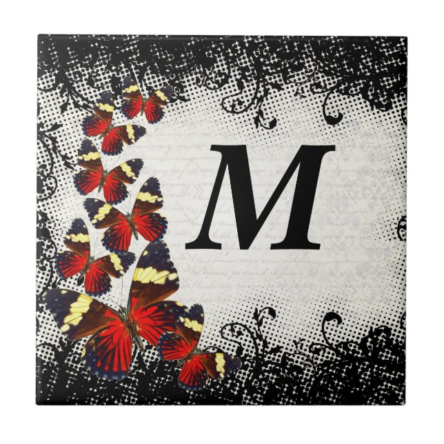 Red butterflies on black lace tile (Front)