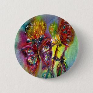 RED BUTTERFLIES ON YELLOW THISTLES,BLUE SKY Floral 2 Inch Round Button