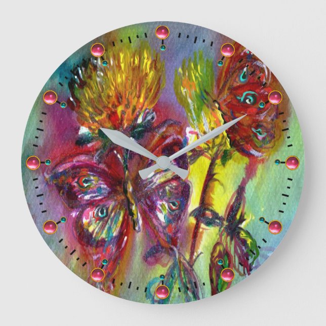RED BUTTERFLIES ON YELLOW THISTLES,BLUE SKY Floral Large Clock (Front)
