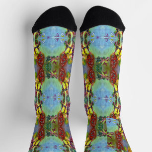RED BUTTERFLIES ON YELLOW THISTLES,BLUE SKY Floral Socks