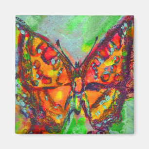 RED BUTTERFLY IN BLUE GREEN GOLD SPARKLES MAGNET