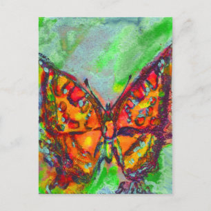 RED BUTTERFLY IN BLUE GREEN TEAL GOLD SPARKLES POSTCARD