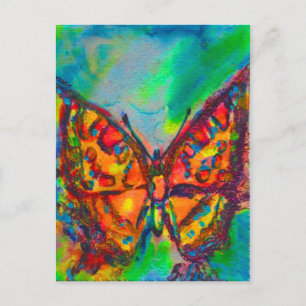 RED BUTTERFLY IN BLUE GREEN TEAL GOLD SPARKLES POSTCARD