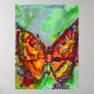 RED BUTTERFLY IN BLUE GREEN TEAL GOLD SPARKLES POSTER
