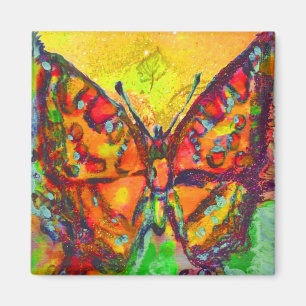 RED BUTTERFLY IN GOLD YELLOW SPARKLES MAGNET