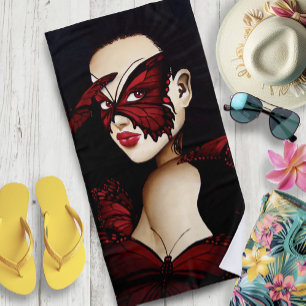 Red Butterfly Masquerade Woman Gothic Fantasy Beach Towel