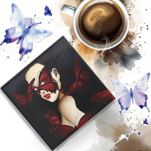 Red Butterfly Masquerade Woman Gothic Fantasy Glass Coaster