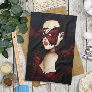 Red Butterfly Masquerade Woman Gothic Fantasy Kitchen Towel