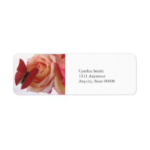 red butterfly on pink rose return address label