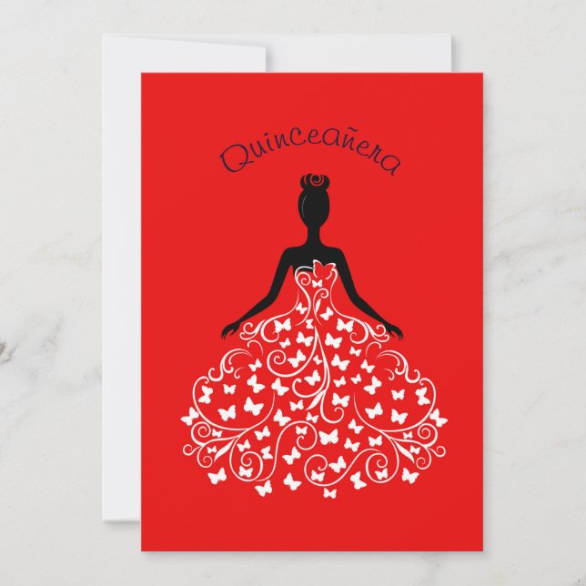 Red Butterfly Quinceanera Ball Gown Invitation (Front)