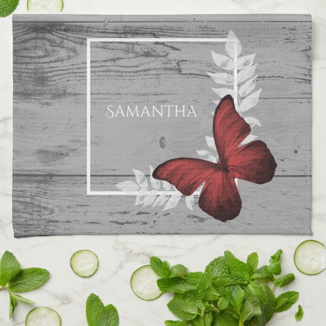 Red Butterfly Rustic Kitchen Towel (Folded)