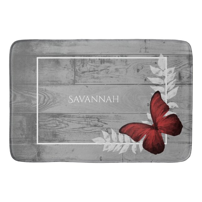 Red Butterfly Rustic Personalized Bath Mat (Front)