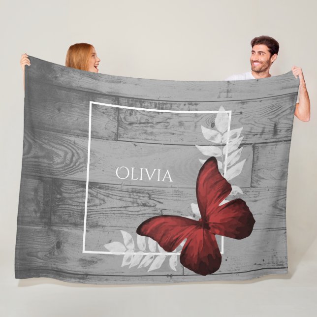 Red Butterfly Rustic Personalized Fleece Blanket (In Situ)
