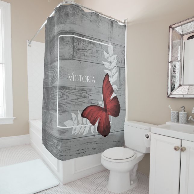 Red Butterfly Rustic Personalized Shower Curtain (In Situ)