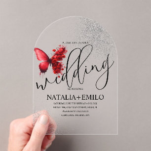 Red Butterfly  Script Minimal Wedding Acrylic Invitations