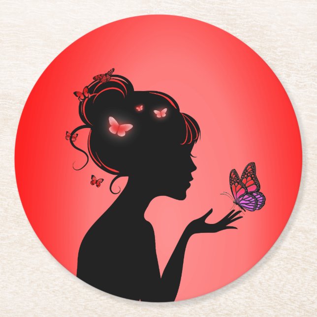 Red Butterfly Women's Paper Bench Round Paper Coaster (Front)