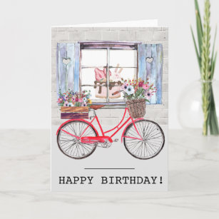 Red Bycycle with Flower Basket Summer Birthday Card