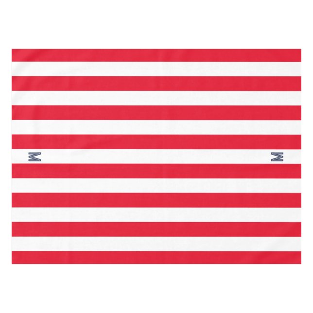 Red Cabana Stripe & Personalized Navy Monogram Tablecloth (Front (Horizontal))