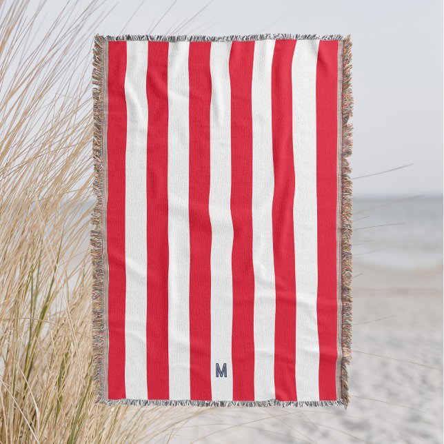 Red Cabana Stripe & Personalized Navy Monogram Throw Blanket (Creator Uploaded)