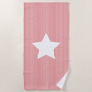 Red Cabana Stripes & White Star - Nautical Beach Towel
