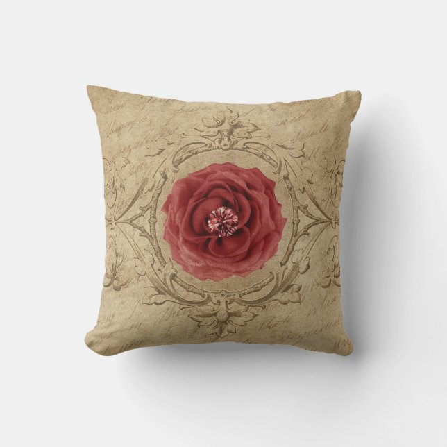 Red Cabbage Rose Within an Antique Style Frame Throw Pillow (Front)