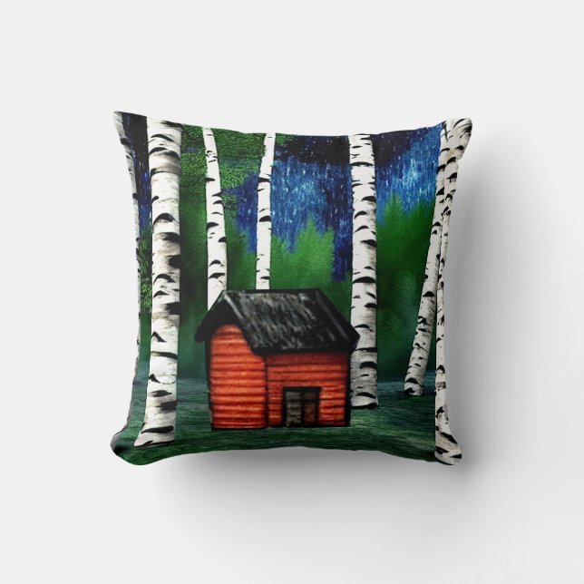 Red Cabin in Birch Forest Throw Pillow (Front)