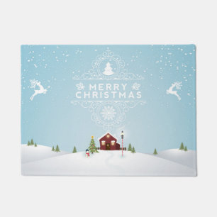 Red Cabin In Winter Snow Doormat