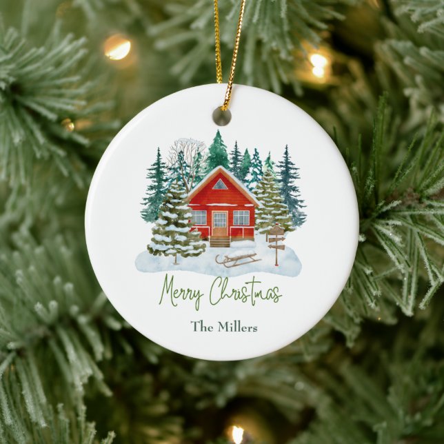 Red Cabin Merry Christmas Customizable Name   Ceramic Ornament (Tree)