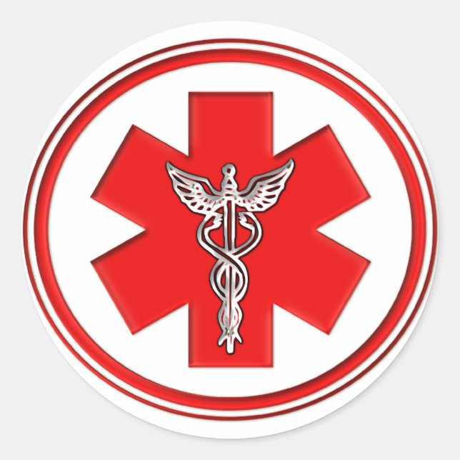 Red Caduceus Classic Round Sticker (Front)